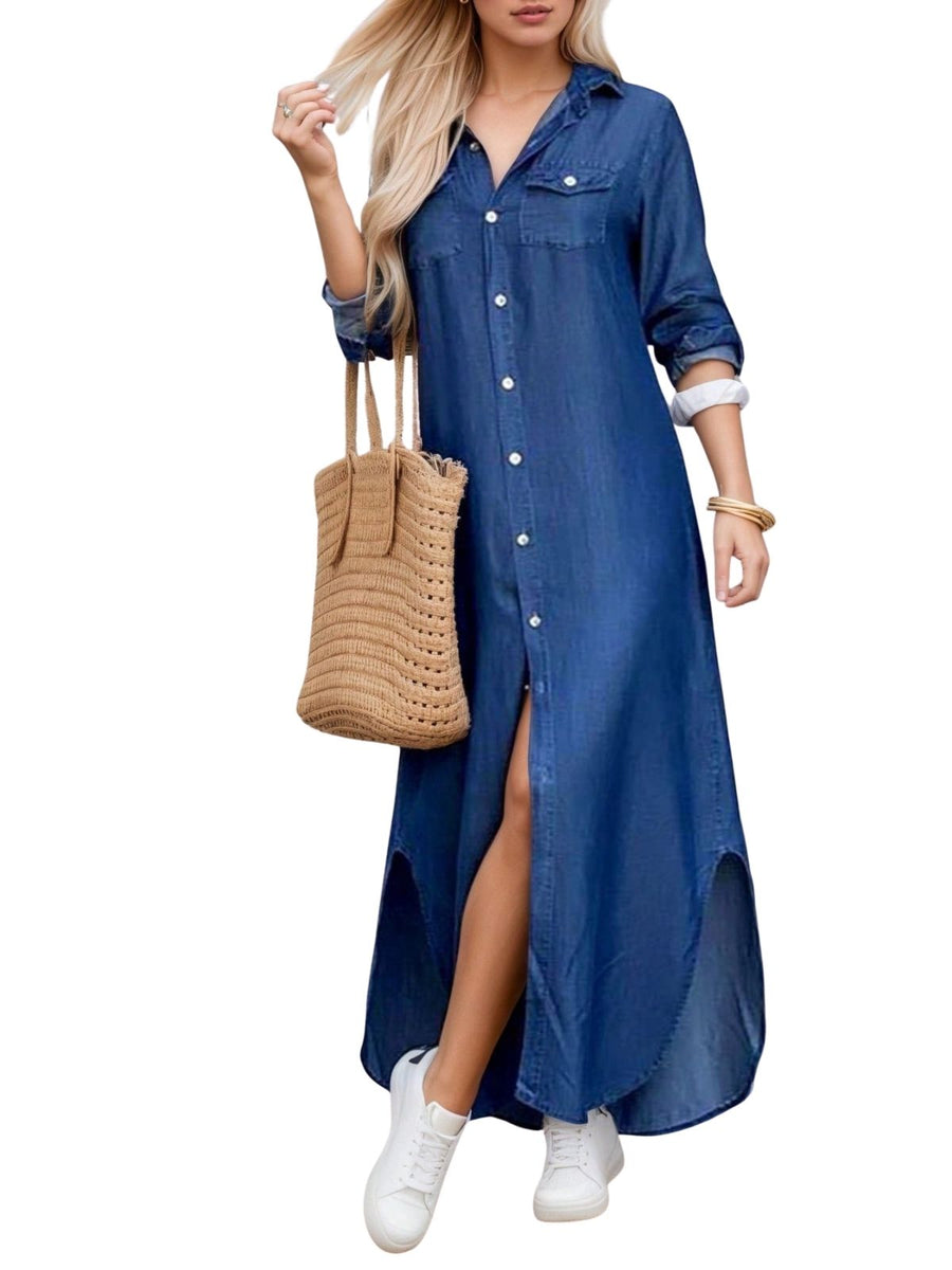 Seaside Stroll Maxi – Blue Denim Jeans Detail View – Glossia Fashion