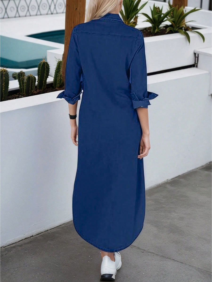 Seaside Stroll Maxi – Dark Blue Denim Jeans Side View – Glossia Fashion