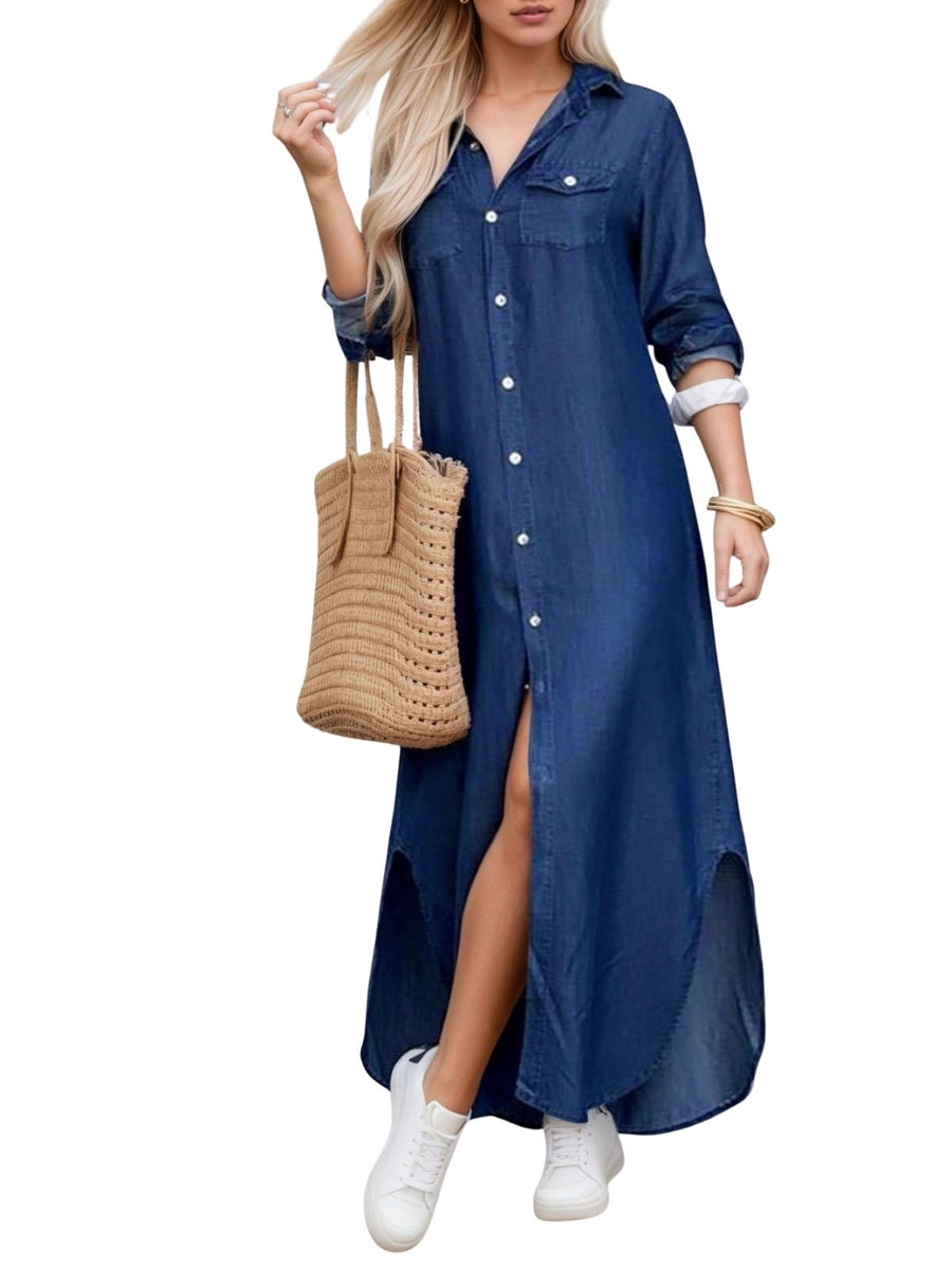 Seaside Stroll Maxi – Dark Blue Denim Jeans Detail View – Glossia Fashion