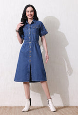 Denim Grace Collared Midi – Blue Denim Jeans Model View – Glossia Fashion