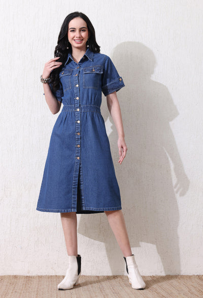 Denim Grace Collared Midi – Blue Denim Jeans Model View – Glossia Fashion
