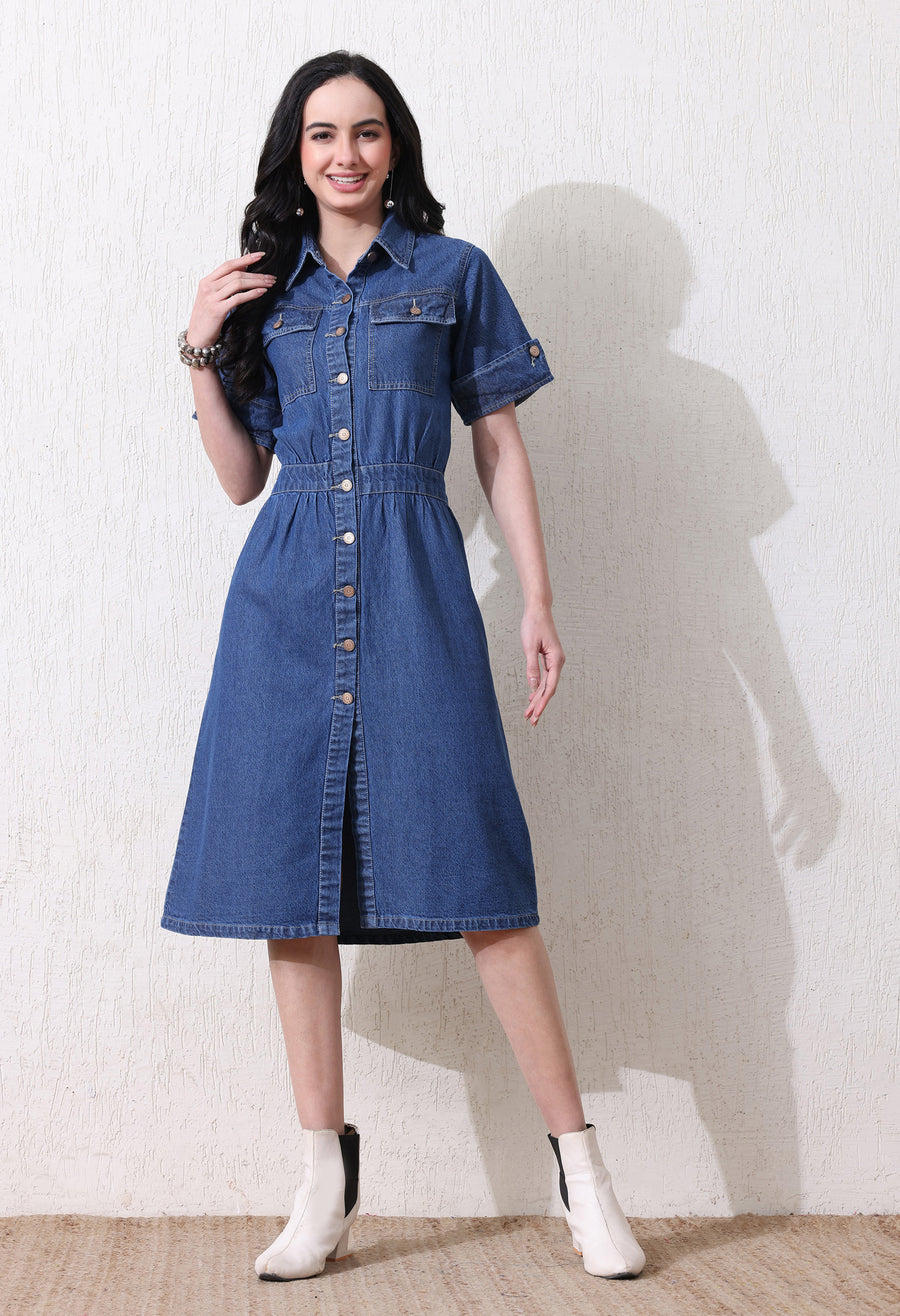 Denim Grace Collared Midi – Blue Denim Jeans Model View – Glossia Fashion