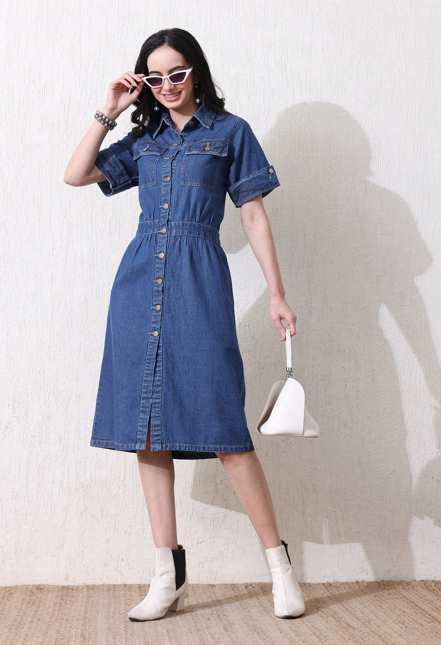Denim Grace Collared Midi – Blue Denim Jeans Full Length – Glossia Fashion