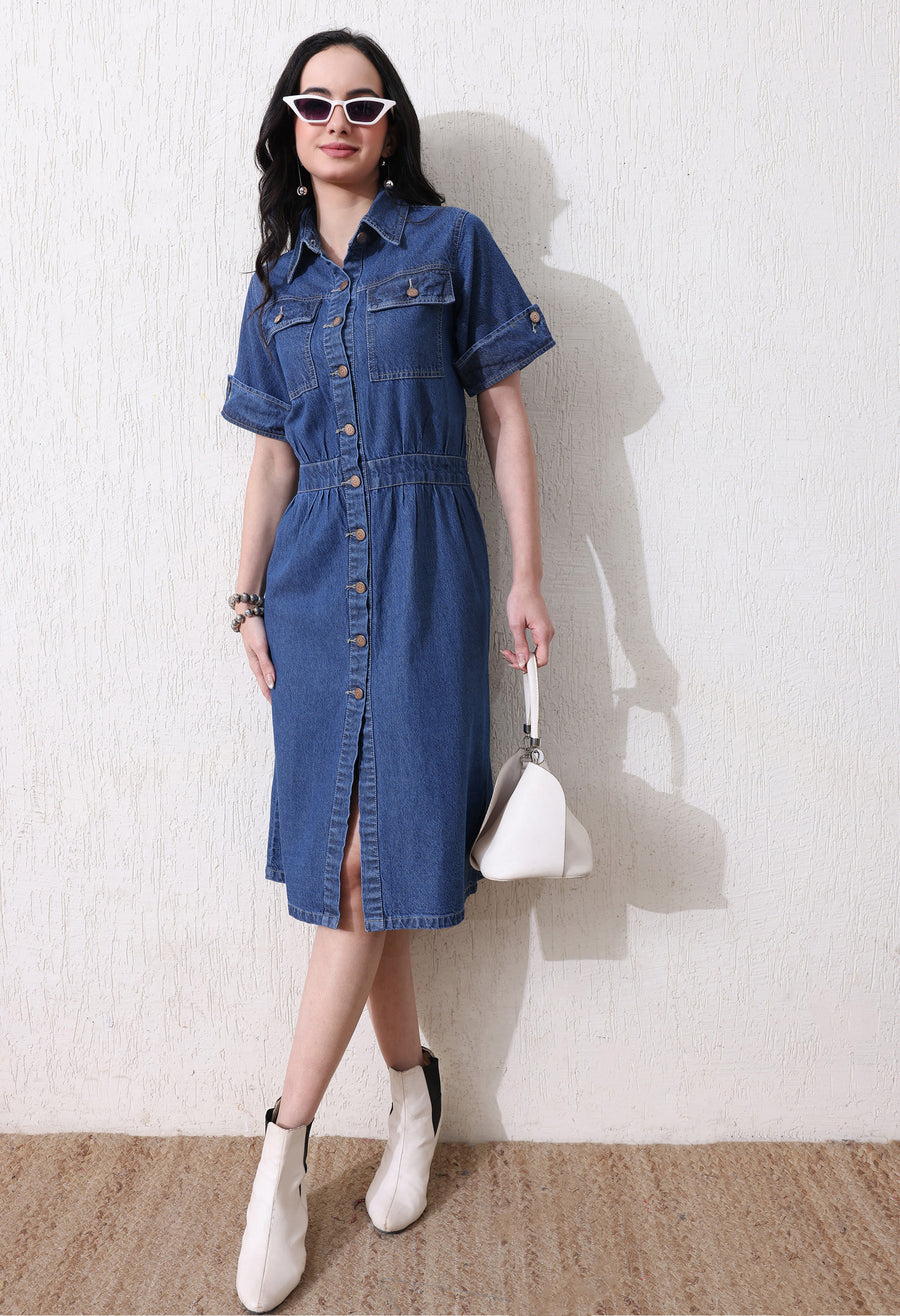 Denim Grace Collared Midi – Blue Denim Jeans Close-up – Glossia Fashion