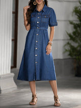Denim Grace Collared Midi – Blue Denim Jeans Detail View – Glossia Fashion