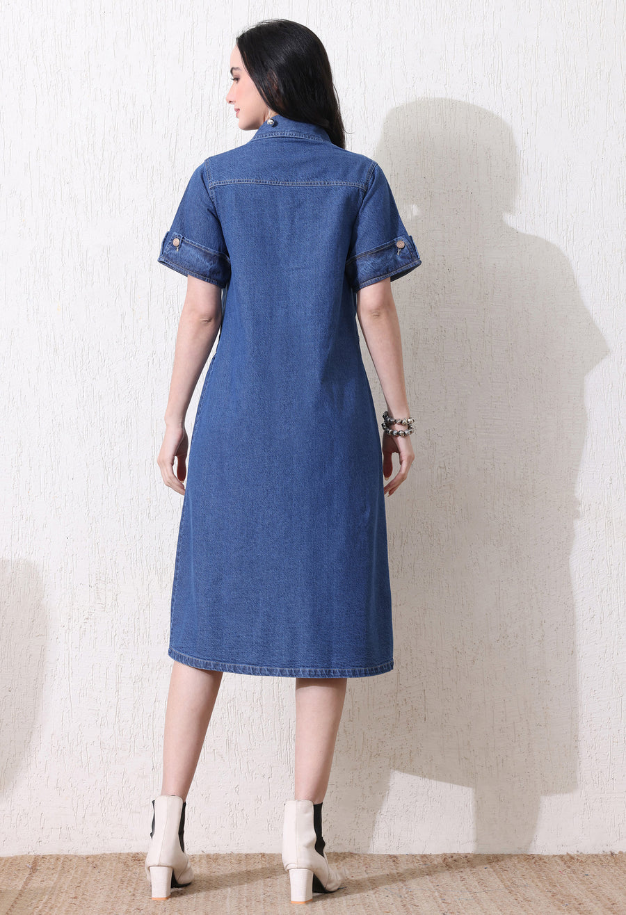 Denim Grace Collared Midi – Blue Denim Jeans View 10 – Glossia Fashion