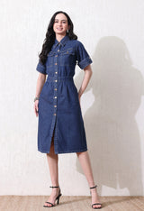 Denim Grace Collared Midi – Navy Blue Denim Jeans Model View – Glossia Fashion