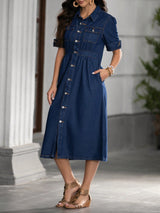 Denim Grace Collared Midi – Navy Blue Denim Jeans Back View – Glossia Fashion