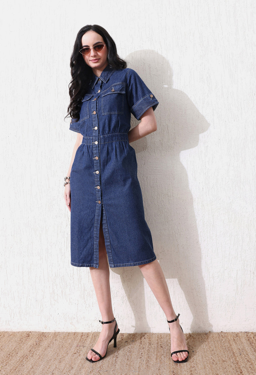Denim Grace Collared Midi – Navy Blue Denim Jeans Close-up – Glossia Fashion