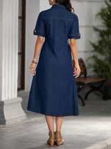 Denim Grace Collared Midi – Navy Blue Denim Jeans Side View – Glossia Fashion