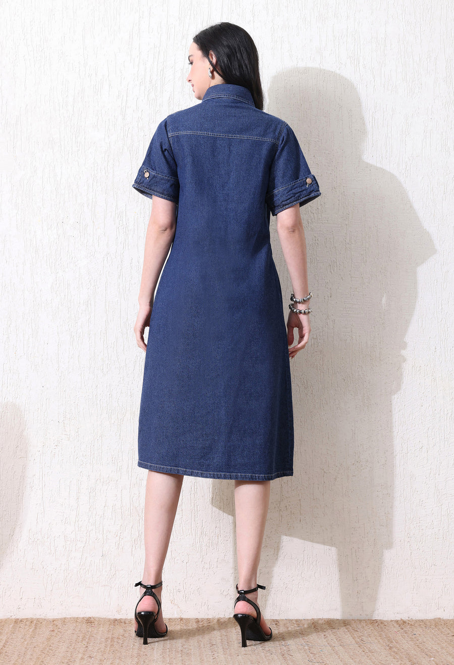 Denim Grace Collared Midi – Navy Blue Denim Jeans View 10 – Glossia Fashion