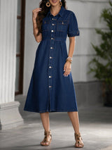 Denim Grace Collared Midi – Navy Blue Denim Jeans Style View – Glossia Fashion