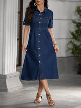 Denim Grace Collared Midi – Navy Blue Denim Jeans Detail View – Glossia Fashion