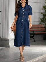 Denim Grace Collared Midi – Navy Blue Denim Jeans Front View – Glossia Fashion