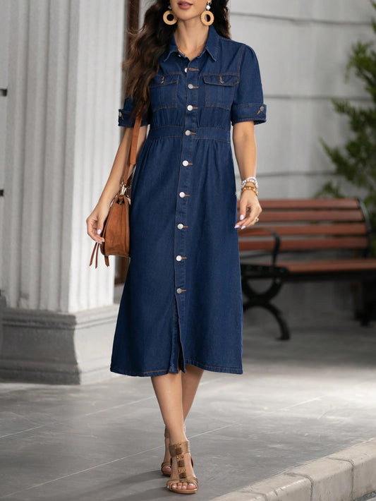 Denim Grace Collared Midi – Navy Blue Denim Jeans Front View – Glossia Fashion