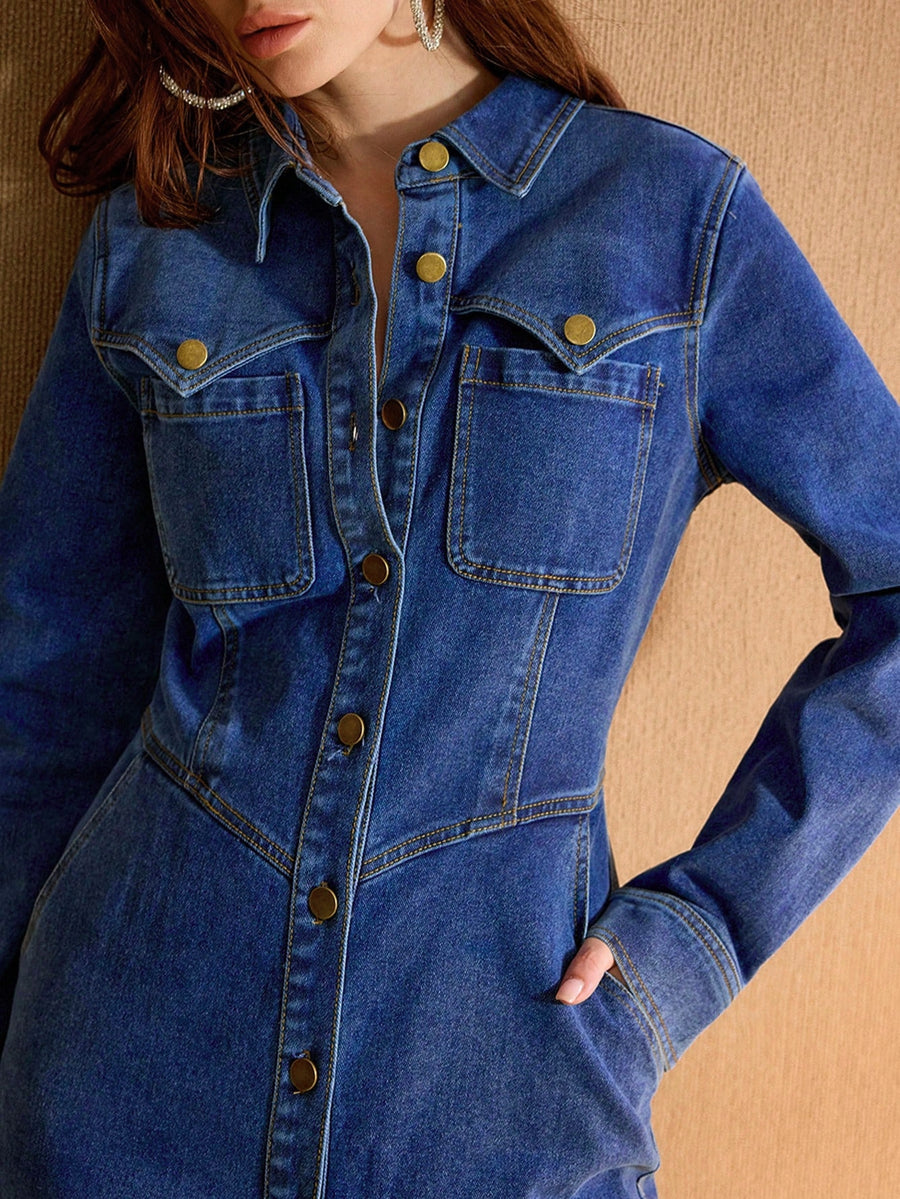 Bold Frontier Shirt Dress – Blue Dress Side View – Glossia Fashion