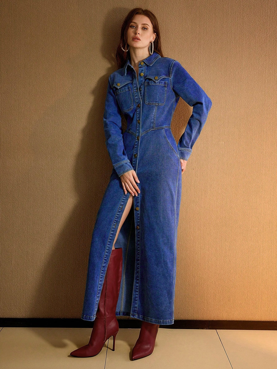 Bold Frontier Shirt Dress – Blue Dress Detail View – Glossia Fashion