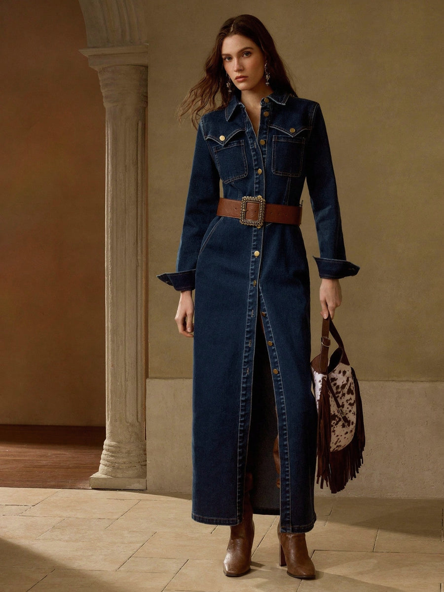 Bold Frontier Shirt Dress – Navy Blue Dress Back View – Glossia Fashion