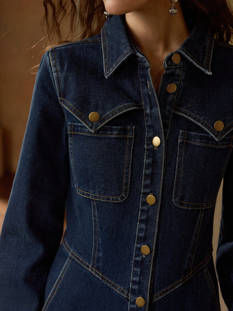 Bold Frontier Shirt Dress – Navy Blue Dress Detail View – Glossia Fashion