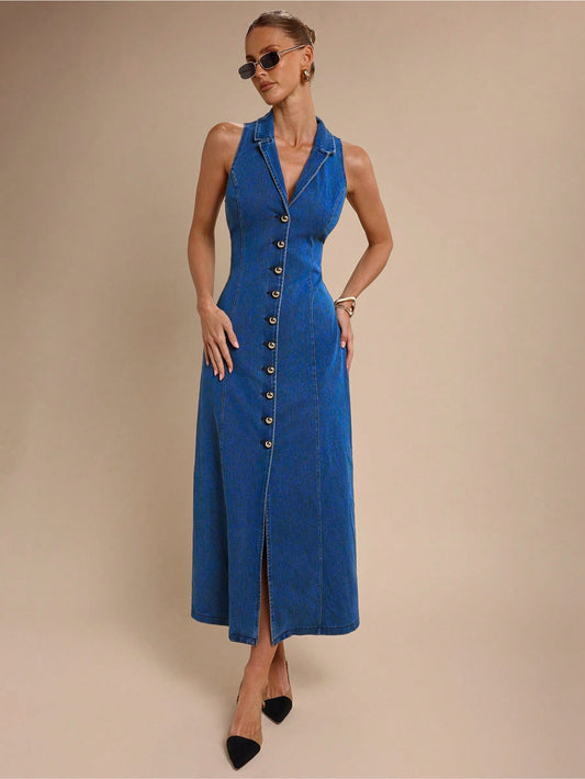 Elara Collared Denim Midi – Blue Dress Front View – Glossia Fashion