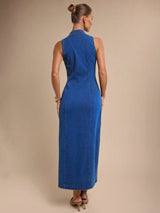 Elara Collared Denim Midi – Blue Dress Side View – Glossia Fashion