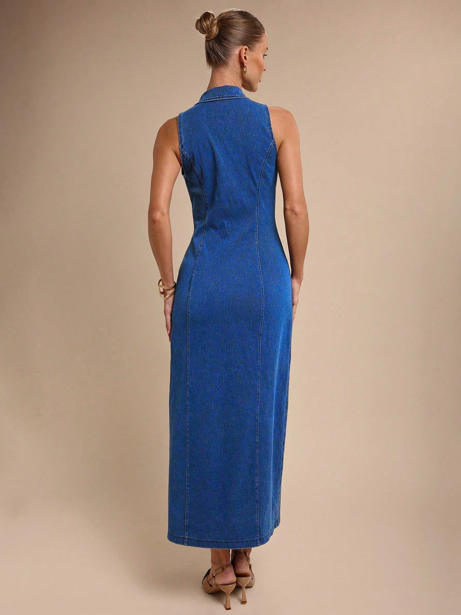 Elara Collared Denim Midi – Blue Dress Side View – Glossia Fashion