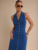 Elara Collared Denim Midi – Blue Dress Model View – Glossia Fashion