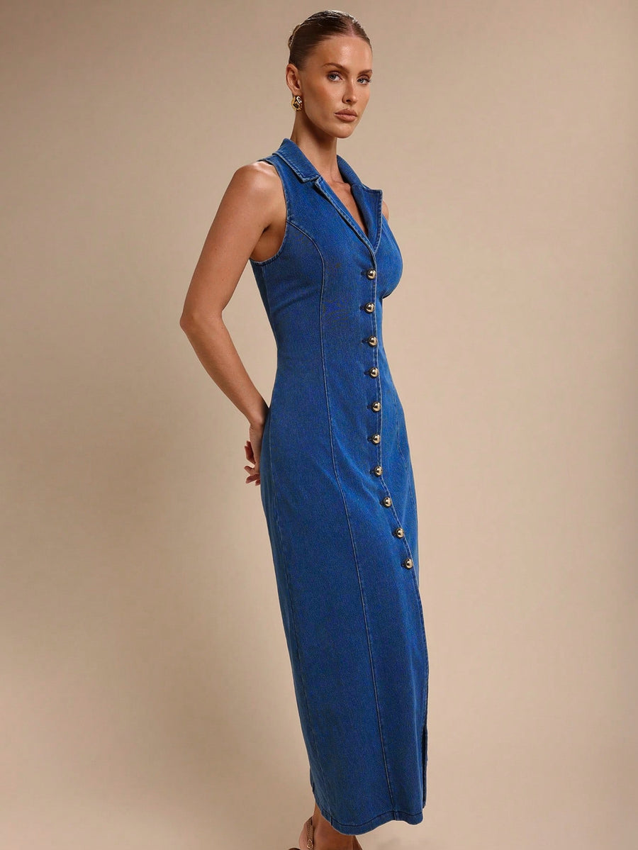 Elara Collared Denim Midi – Blue Dress Back View – Glossia Fashion