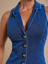 Elara Collared Denim Midi – Blue Dress Style View – Glossia Fashion