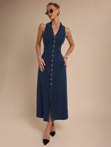 Elara Collared Denim Midi – Navy Blue Dress – Glossia Fashion
