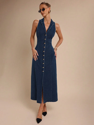 Elara Collared Denim Midi – Navy Blue Dress – Glossia Fashion