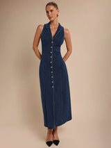 Elara Collared Denim Midi – Navy Blue Dress Front View – Glossia Fashion