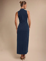 Elara Collared Denim Midi – Navy Blue Dress Side View – Glossia Fashion
