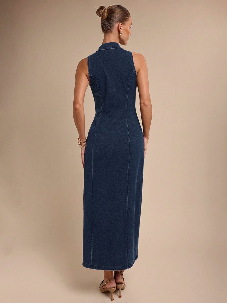 Elara Collared Denim Midi – Navy Blue Dress Side View – Glossia Fashion