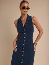 Elara Collared Denim Midi – Navy Blue Dress Style View – Glossia Fashion