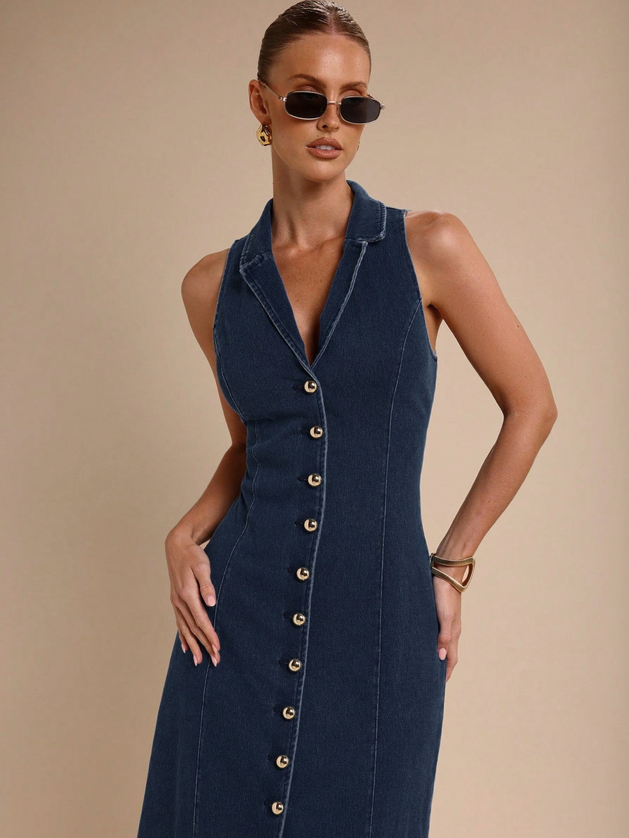 Elara Collared Denim Midi – Navy Blue Dress Style View – Glossia Fashion