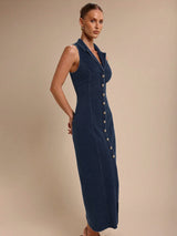 Elara Collared Denim Midi – Navy Blue Dress Back View – Glossia Fashion