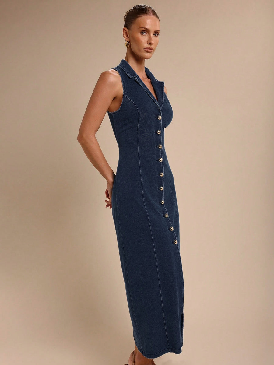 Elara Collared Denim Midi – Navy Blue Dress Back View – Glossia Fashion