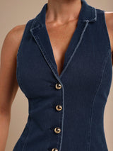 Elara Collared Denim Midi – Navy Blue Dress Detail View – Glossia Fashion