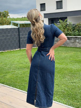 Classic Blue Denim Bodycon Midi Dress – Blue Dress Side View – Glossia Fashion
