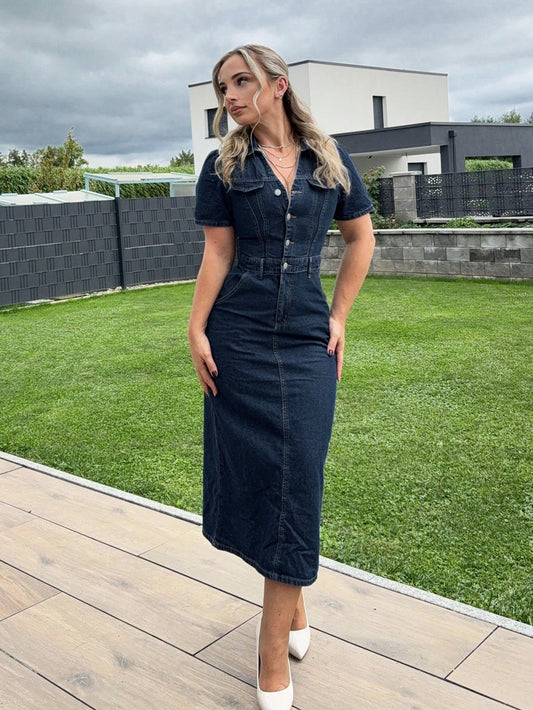 Classic Blue Denim Bodycon Midi Dress – Navy Blue Dress – Glossia Fashion