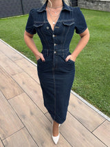 Classic Blue Denim Bodycon Midi Dress – Navy Blue Dress Style View – Glossia Fashion