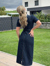 Classic Blue Denim Bodycon Midi Dress – Navy Blue Dress Side View – Glossia Fashion