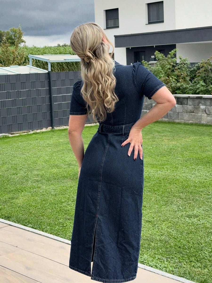 Classic Blue Denim Bodycon Midi Dress – Navy Blue Dress Side View – Glossia Fashion