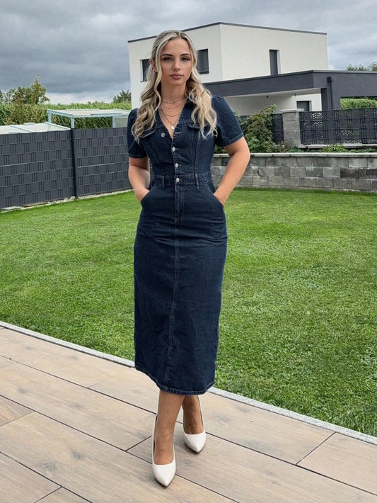 Classic Blue Denim Bodycon Midi Dress – Navy Blue Dress Front View – Glossia Fashion