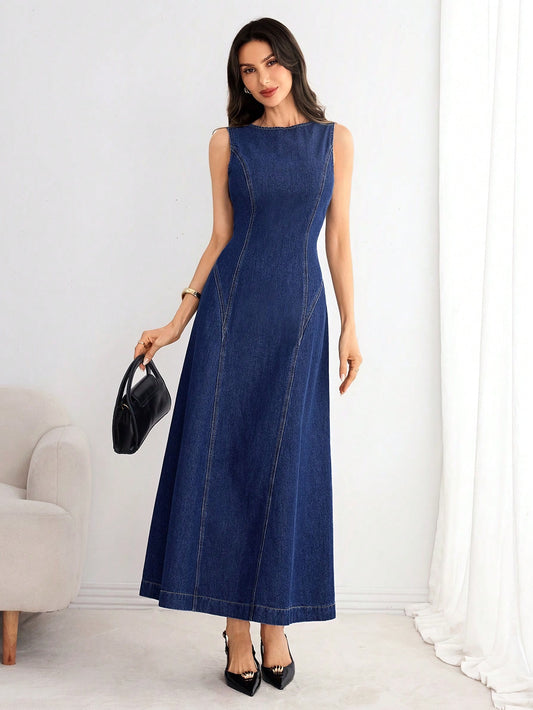 Tie-Back Denim Midi Dress – Blue Dress Front View – Glossia Fashion