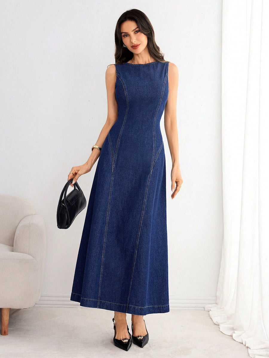 Tie-Back Denim Midi Dress – Blue Dress Front View – Glossia Fashion