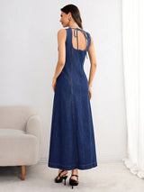 Tie-Back Denim Midi Dress – Blue Dress Side View – Glossia Fashion
