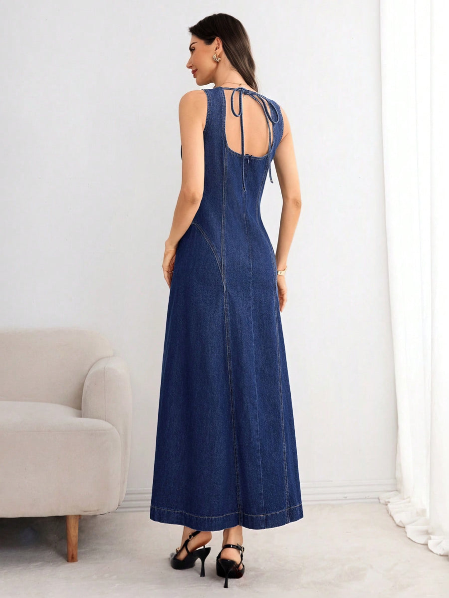 Tie-Back Denim Midi Dress – Blue Dress Side View – Glossia Fashion