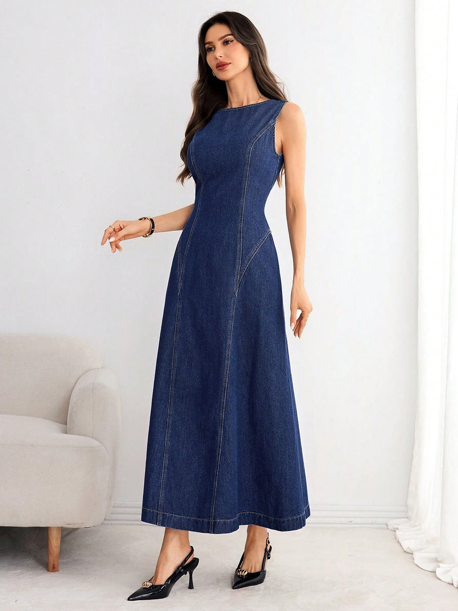 Tie-Back Denim Midi Dress – Blue Dress Back View – Glossia Fashion